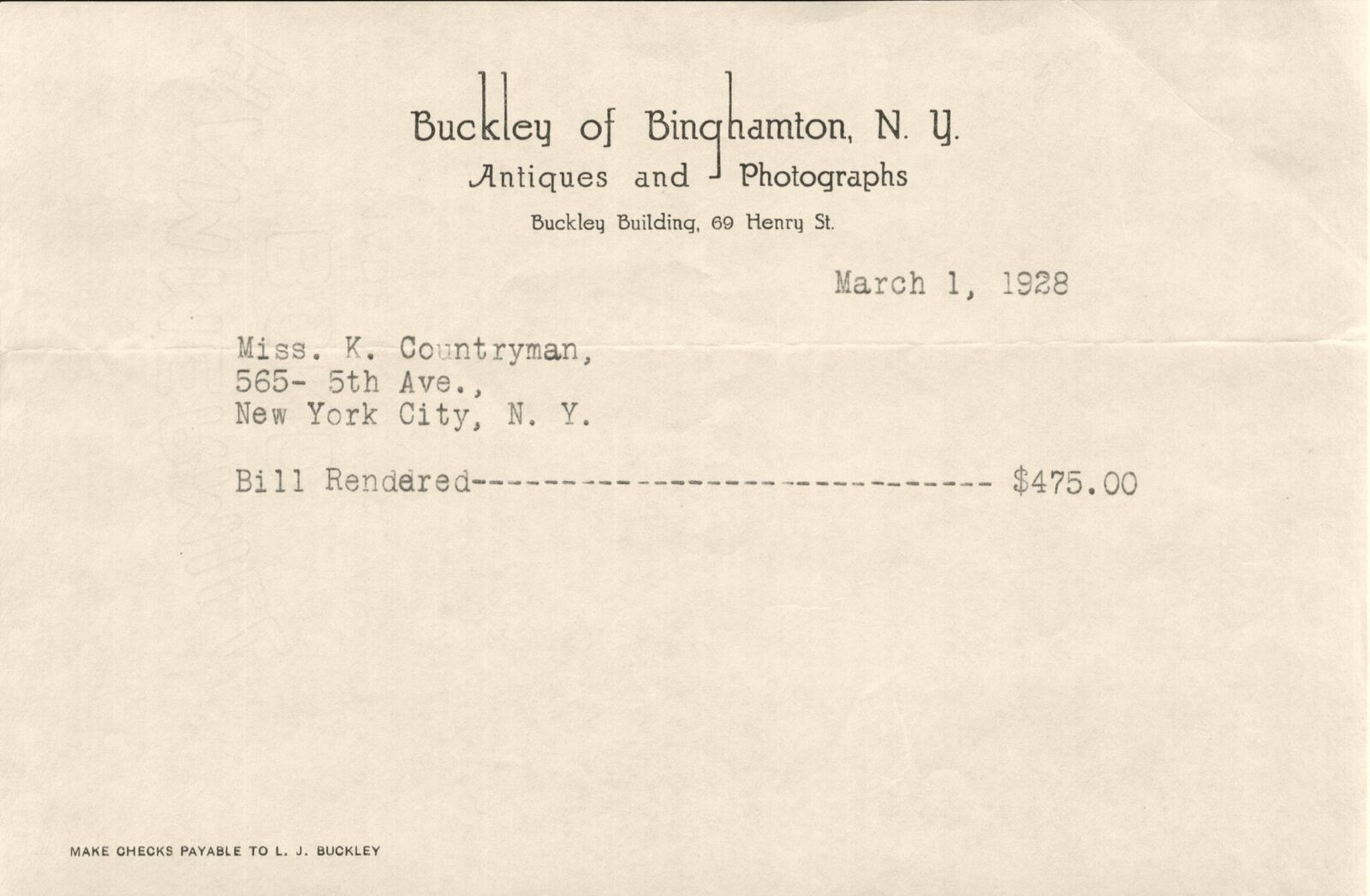 1928 L J Buckley of Binghamton NY Antiques Photographs Letterhead Billhead Henry