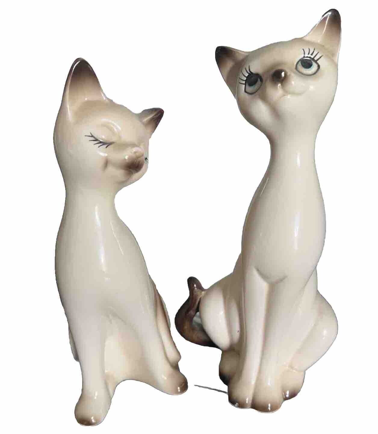 Vintage MCM Pair of Siamese Cats Figurines Porcelain Made in Japan 8 Inch Tall