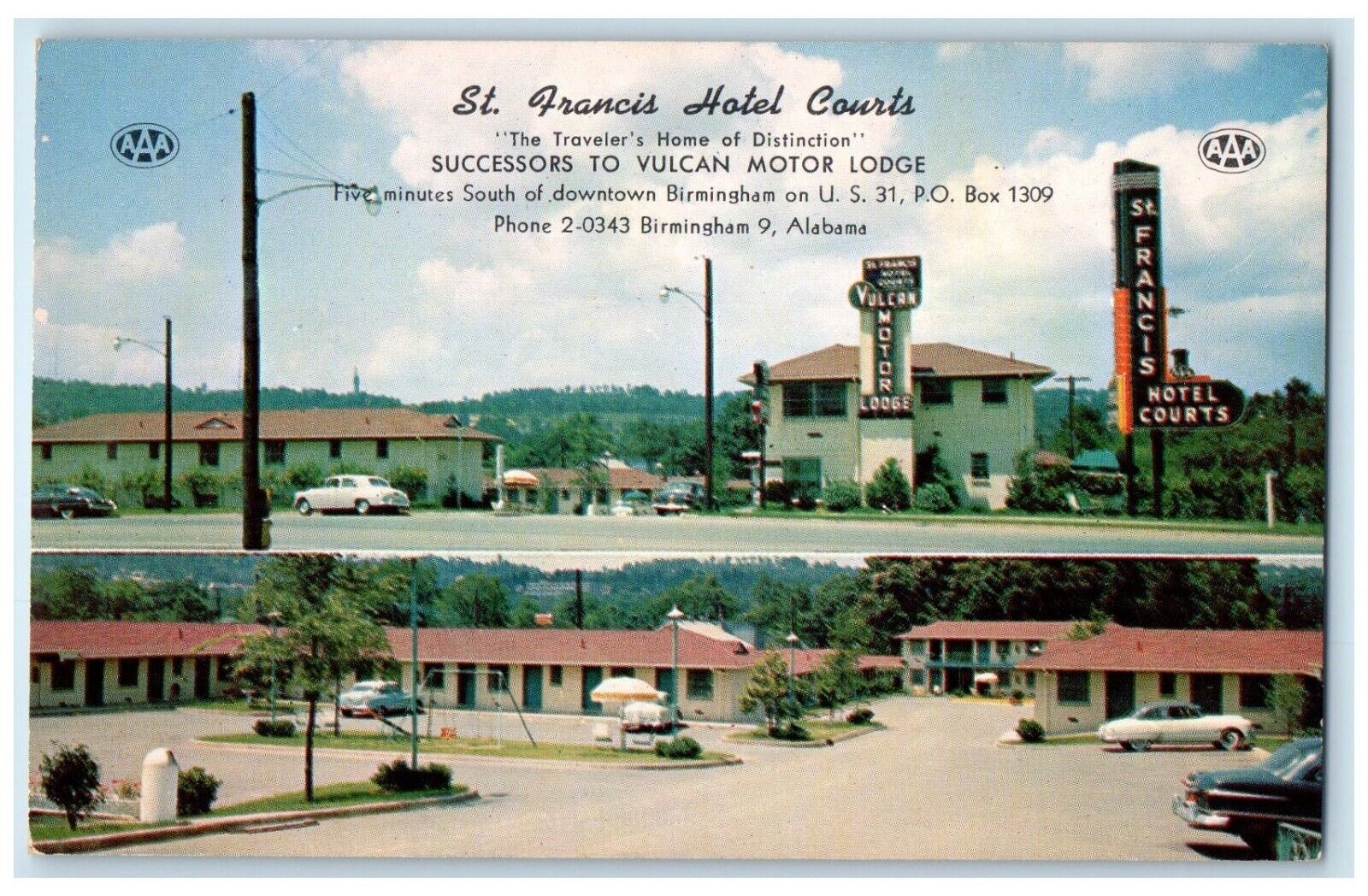 c1950\'s St. Francis Hotel Courts Cars Scene Birmingham AL Dual View Postcard
