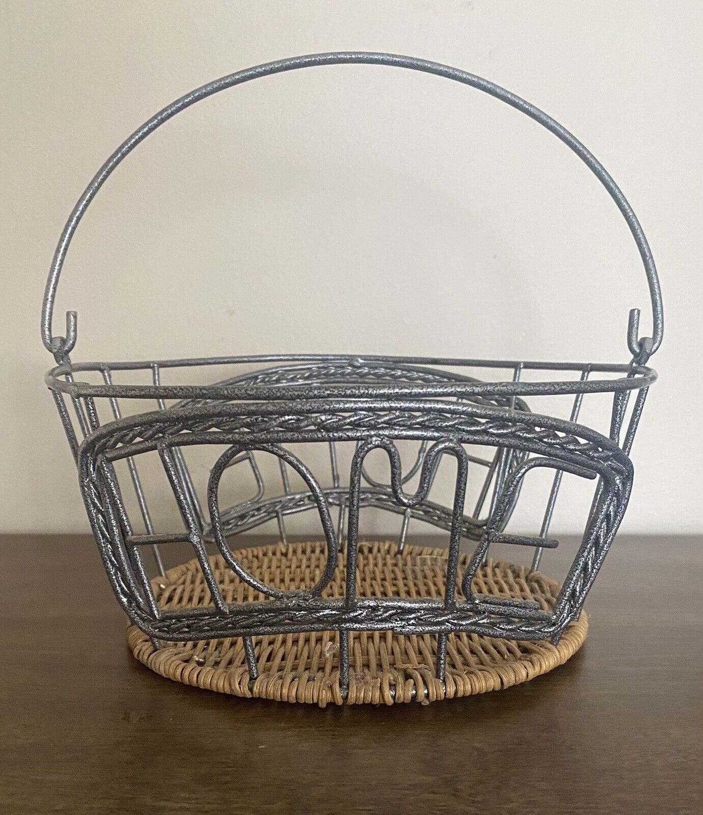 Farmhouse Country Rustic Wire Metal “Home” Silver Basket Weaved Bottom
