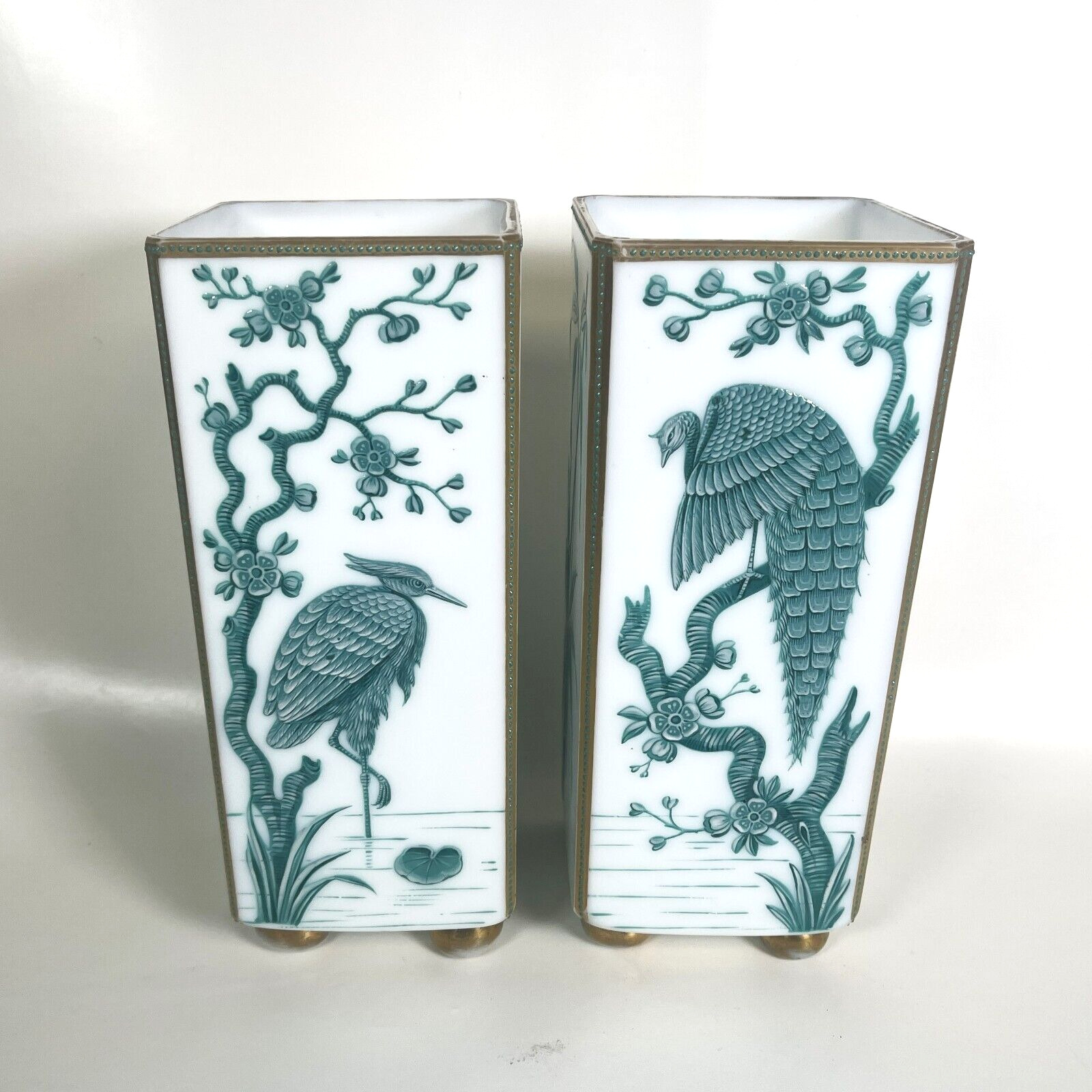 Exceptional pair of Late 19th C. Japanized Enamel Decorated Footed Square Glass