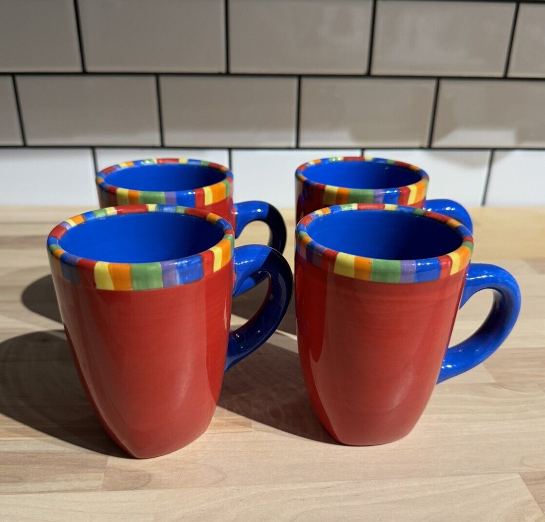 Set of 4 Dansk Caribe Antigua Stripe Mugs Hand Painted Red Blue Discontinued