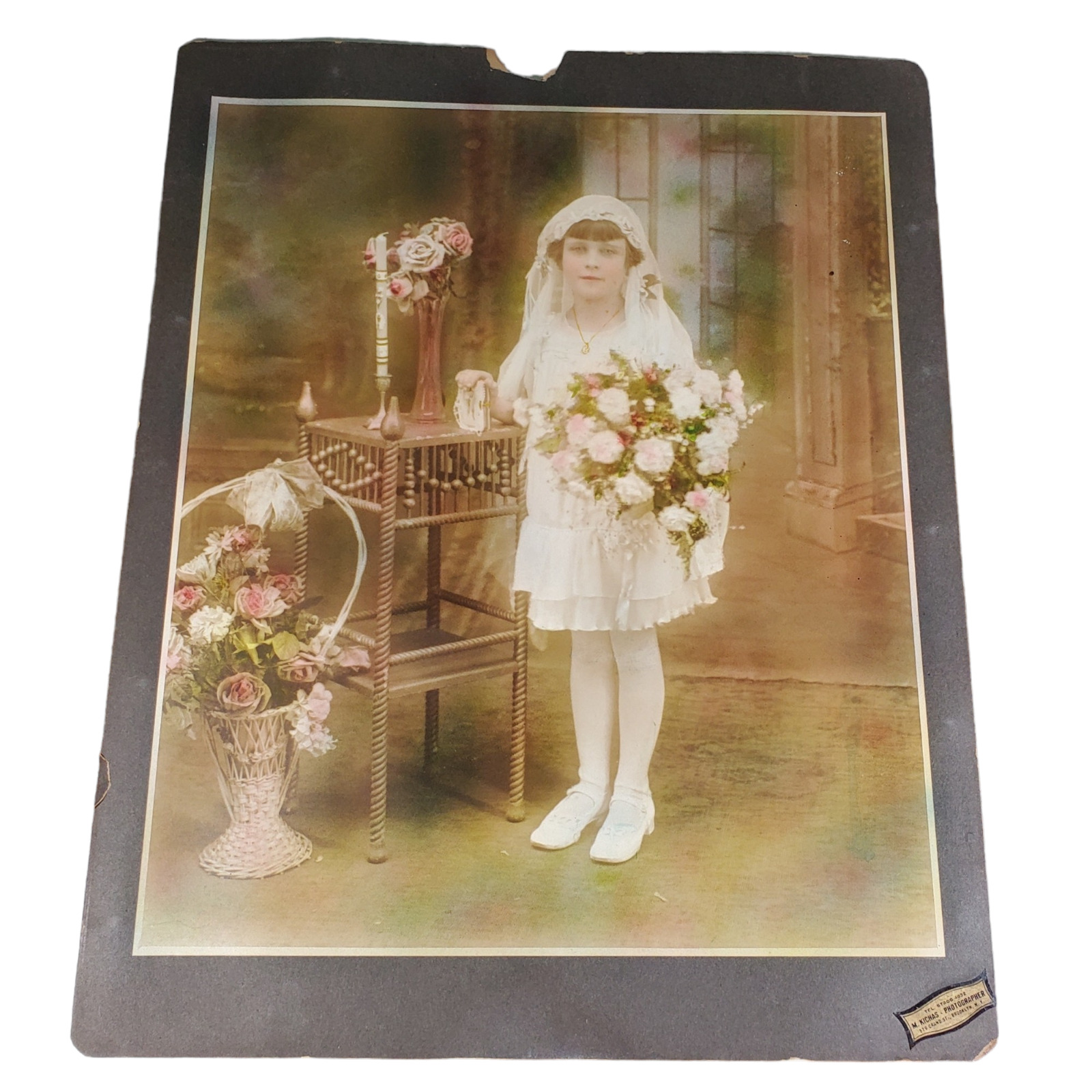 VTG Antique 1920s Little Girl Photo Portrait 20x16 Matted Eerie 1st Communion