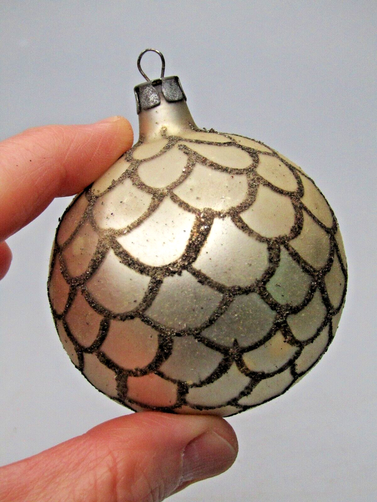 Vintage Blown Glass Glittered Silver BALL Christmas Ornament Poland