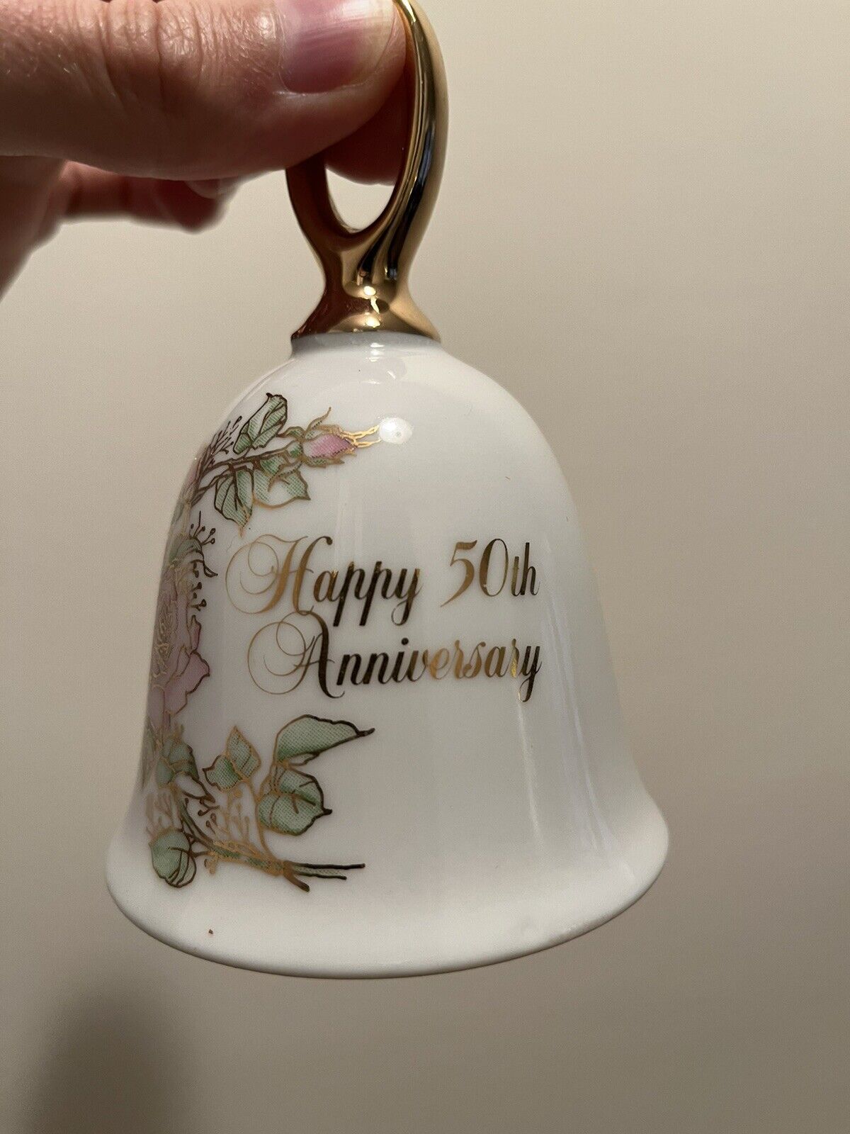 Happy 50th Anniversary 4.5” Porcelain Bell Pink Roses Gold. Anniversary Wishes