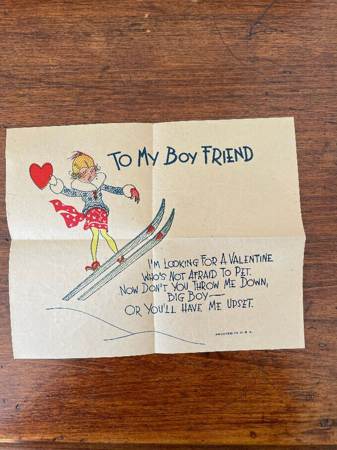 Vtg 1936 Valentine\'s Day Holiday Boyfriend Skiing Paper \