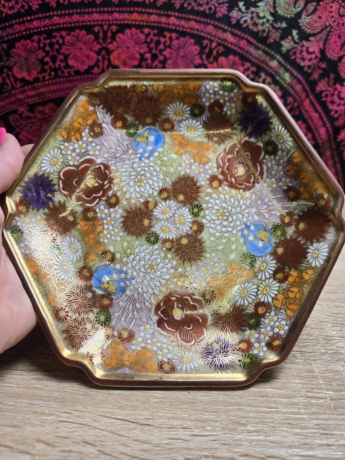 Vintage Japanese Satsuma Porcelain Hexagon Plate Floral Gold Trim Red 