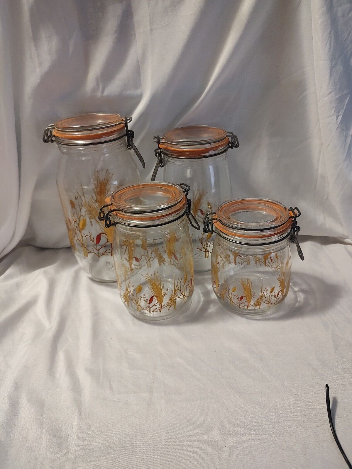 Vintage (4pc) ARC France Niveau De Remplissage Glass Canister Jar Wheat Pattern 