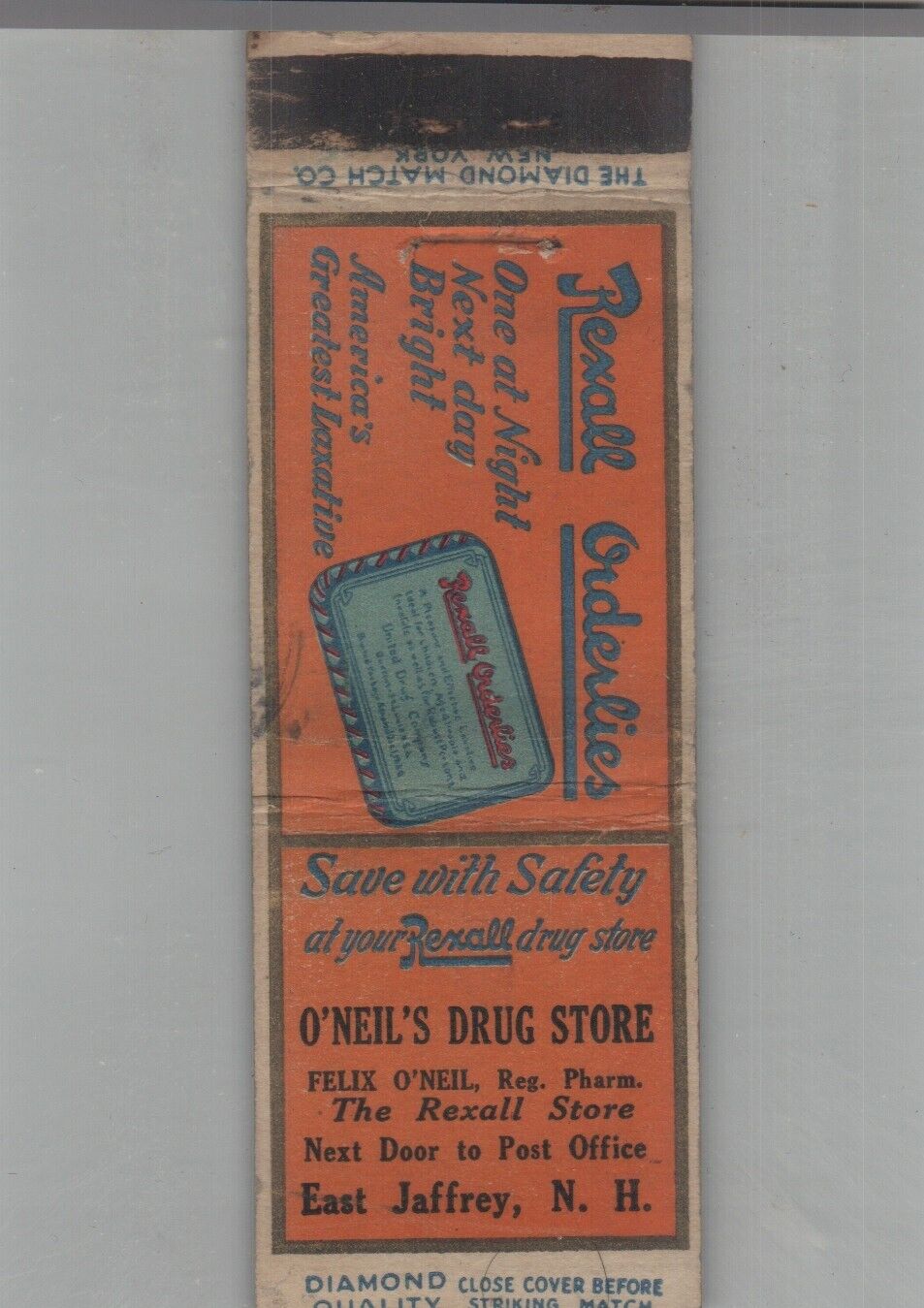 1930s Matchbook Cover Diamond Quality O'Neil's Rexall Drug Store East Jaffrey NH