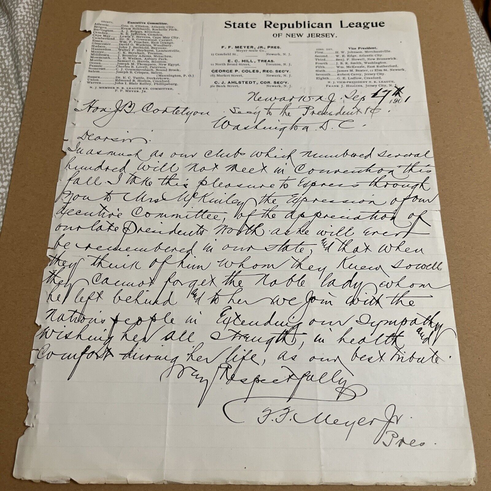 1901 State Republican League New Jersey Letter President McKinley Assassination