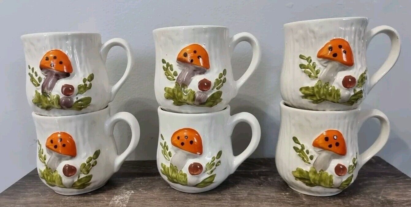 Vintage Merry Mushroom SEARS Roebuck 1978 Coffee Mugs Cups Set Of 6 Originals