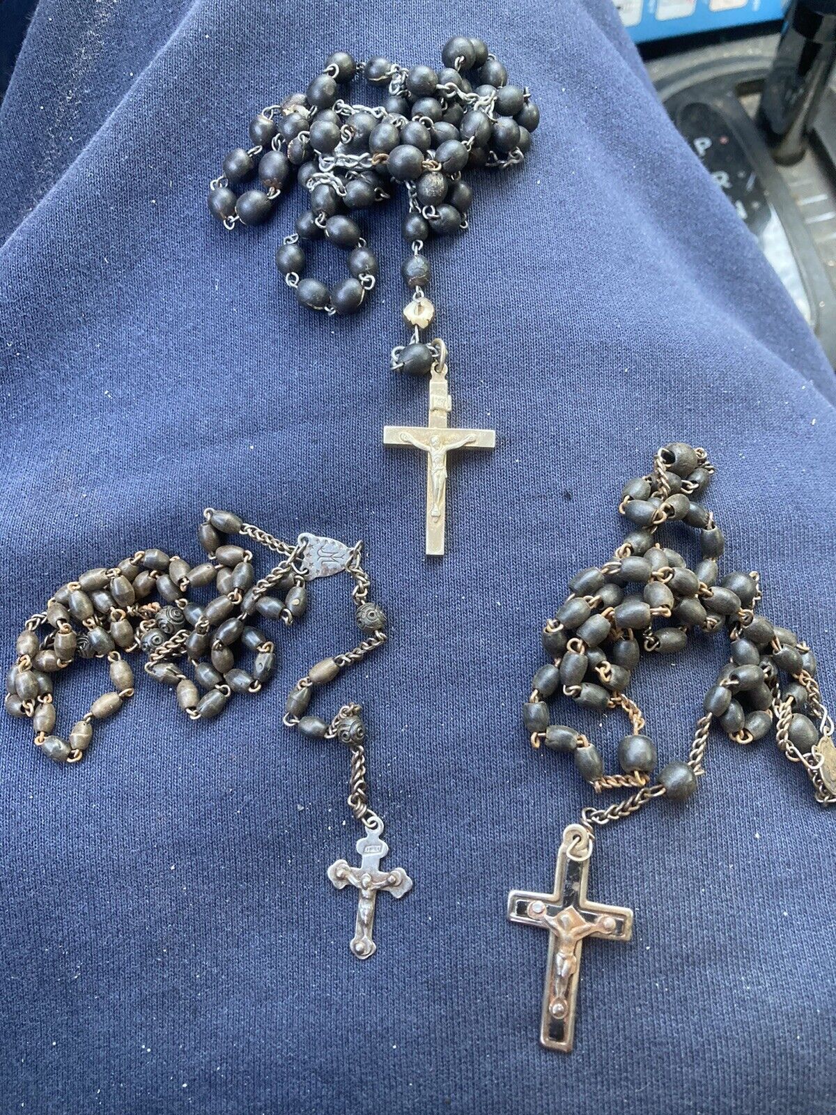 3 Early 20th C Rosaries France Ebony Beads One has Carved beads & Early Crucifix