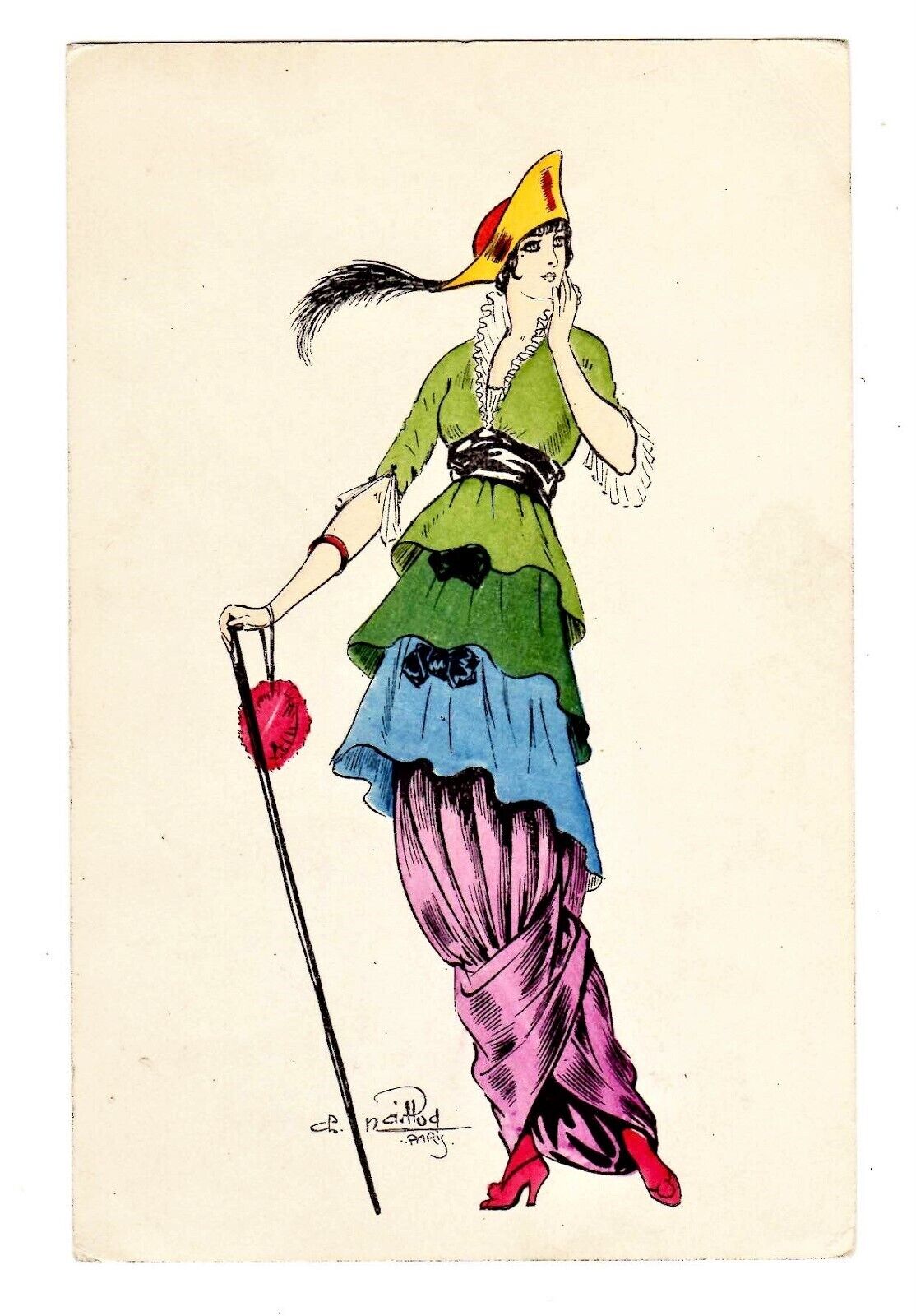 POSTCARD FRENCH WOMAN RAINBOW LAYERED DRESS 1906 NAILLOD (SB)