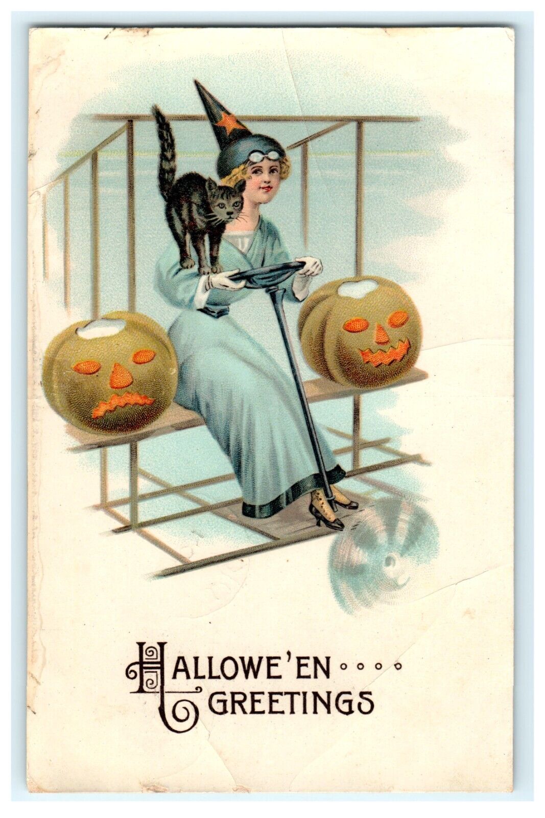 1914 Halloween Greetings Woman On Bi Plane Cat Pumpkins - Damaged
