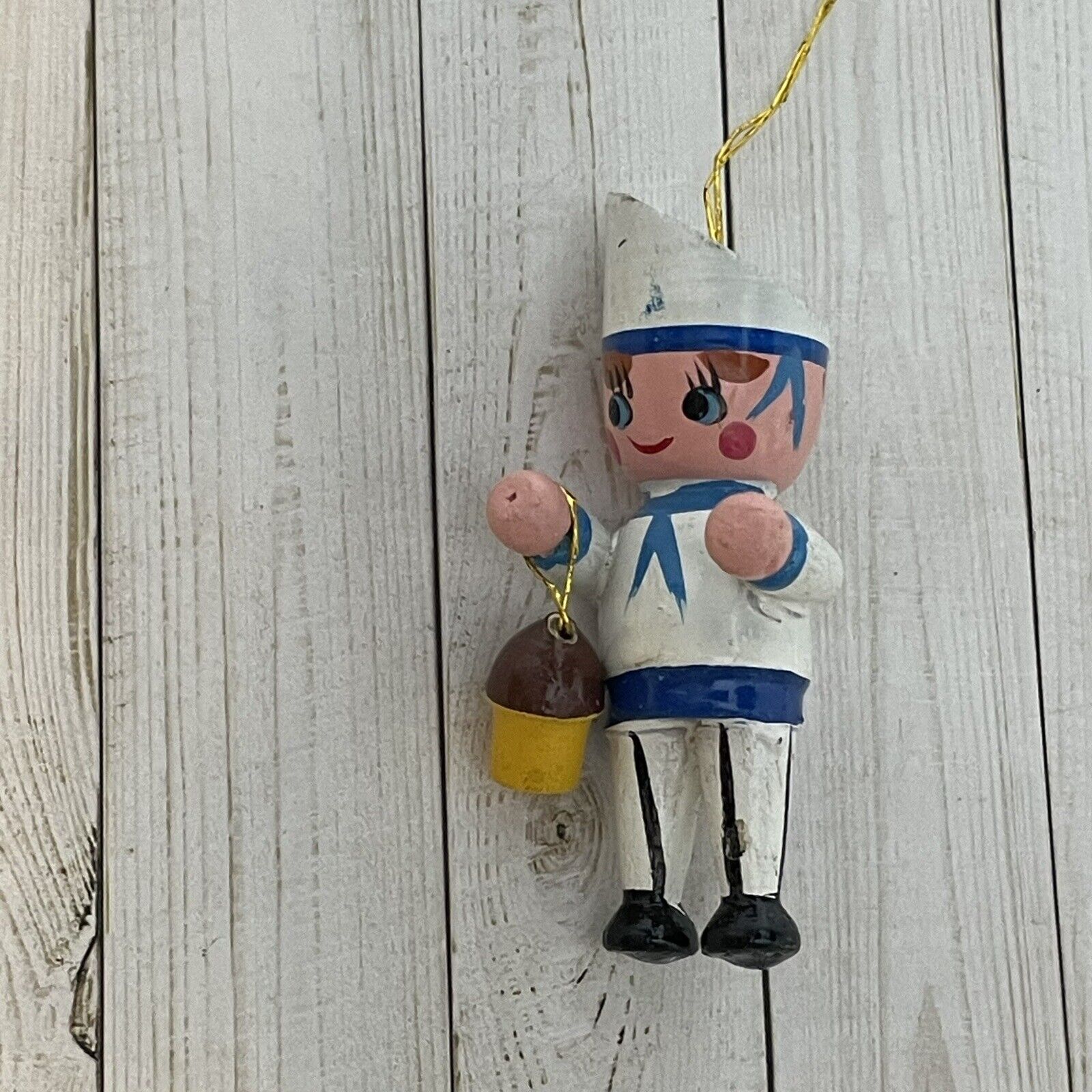 Vintage Wooden Hand Painted Ice Cream Man With Cone Ornament 2.5