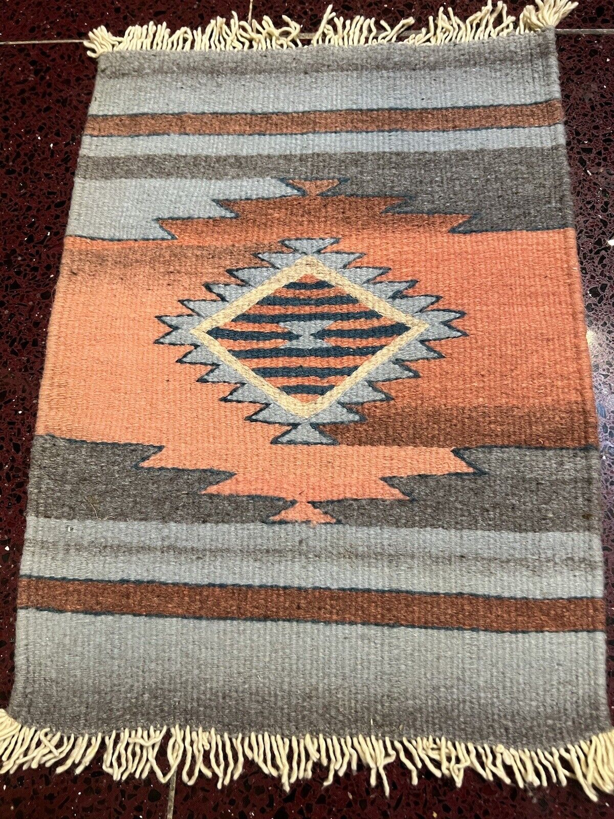 Vintage Southwestern Indian Style RUG HAND WOVEN Wool  with fringe 20 in x 15in