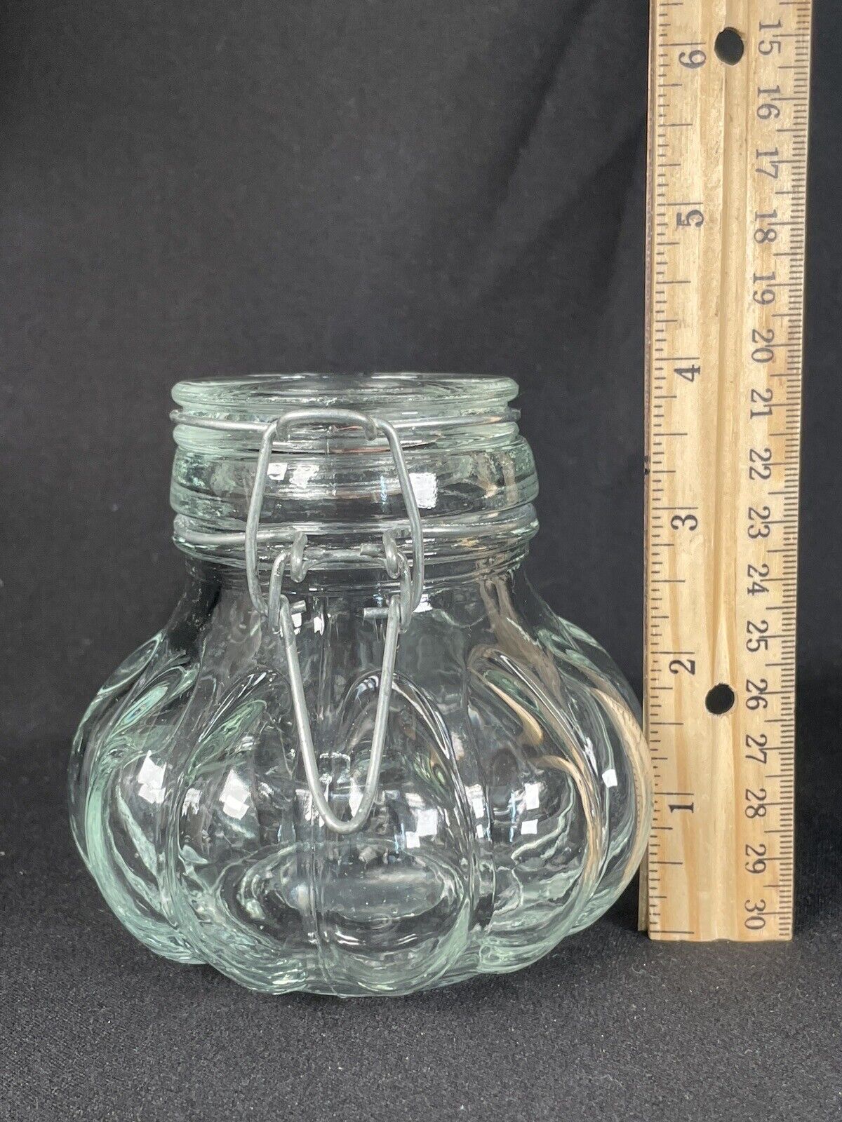 Vintage Large Glass Apothecary Jar Canister Clamp Lid Melon Pumpkin 4”