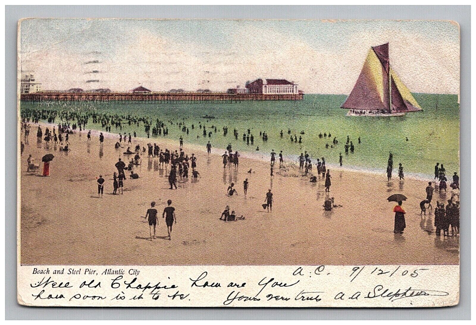 Postcard Atlantic City New Jersey Beach Steel Pier Sailboat People NJ 1905