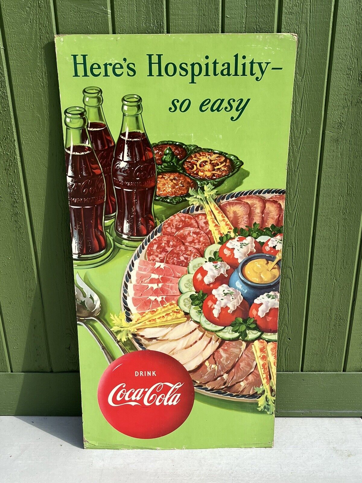 Vtg 1950 Coca Cola Stand-Up Vertical Advertising Litho Cardboard Sign 44 7/8\