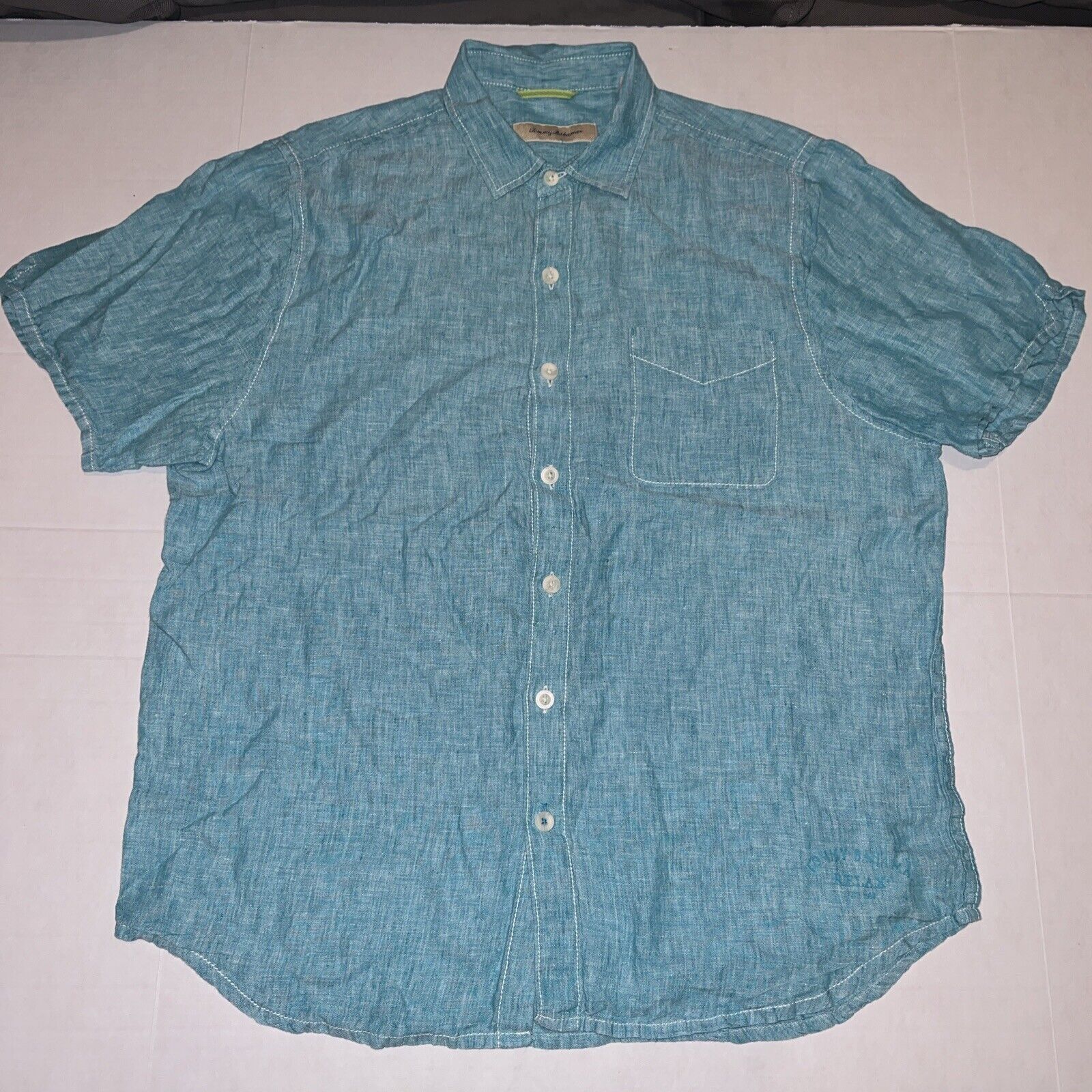 NWOT Tommy Bahama Hawaiian Aloha Adult Large Pocket Shirt Aqua Blue 100% Linen