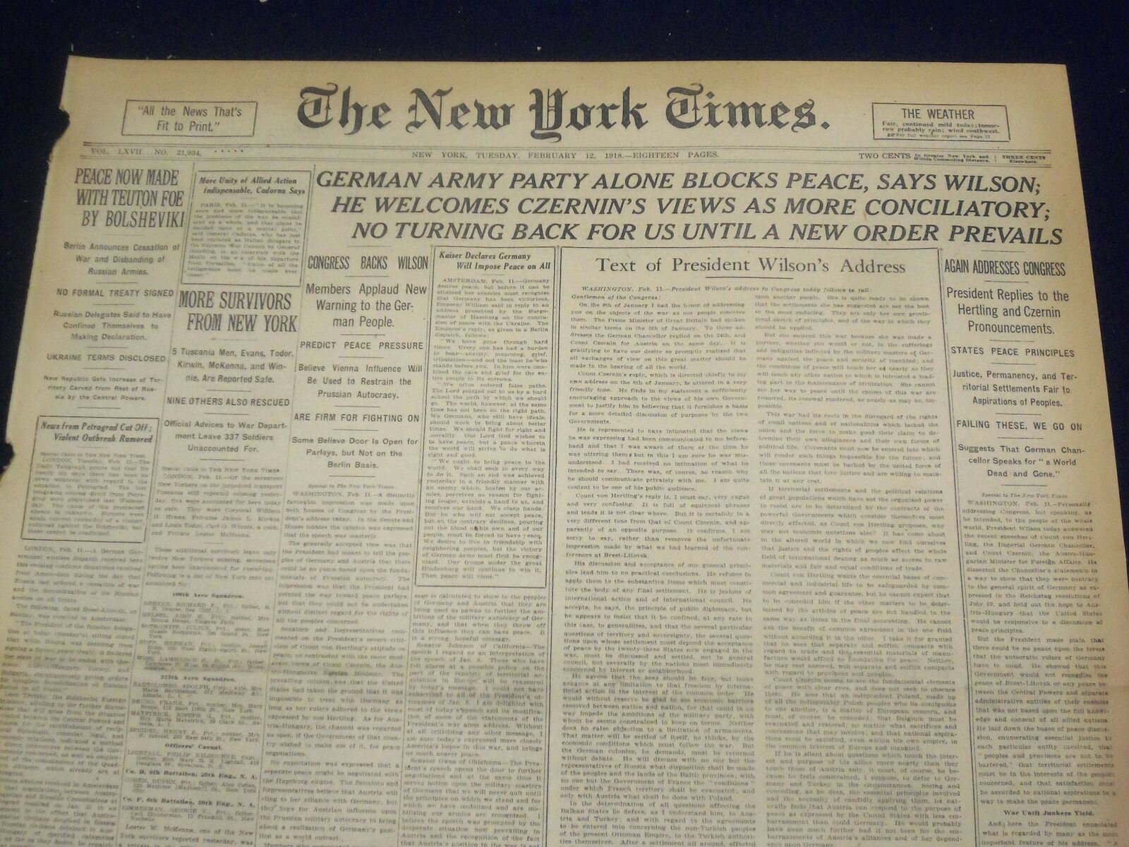 1918 FEBRUARY 12 NEW YORK TIMES- GERMAN ARMY PARTY BLOCKS PEACE, WILSON- NT 8238
