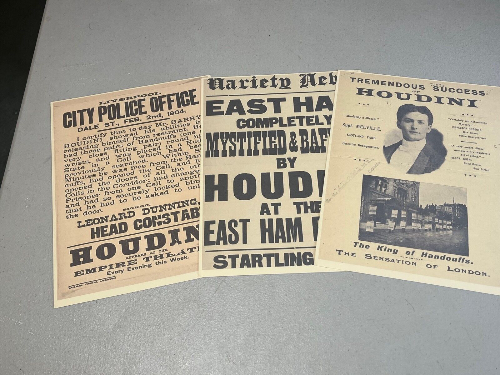Harry Houdini, 3 Reprinted Rare Handbills from his British Tour, Collectble