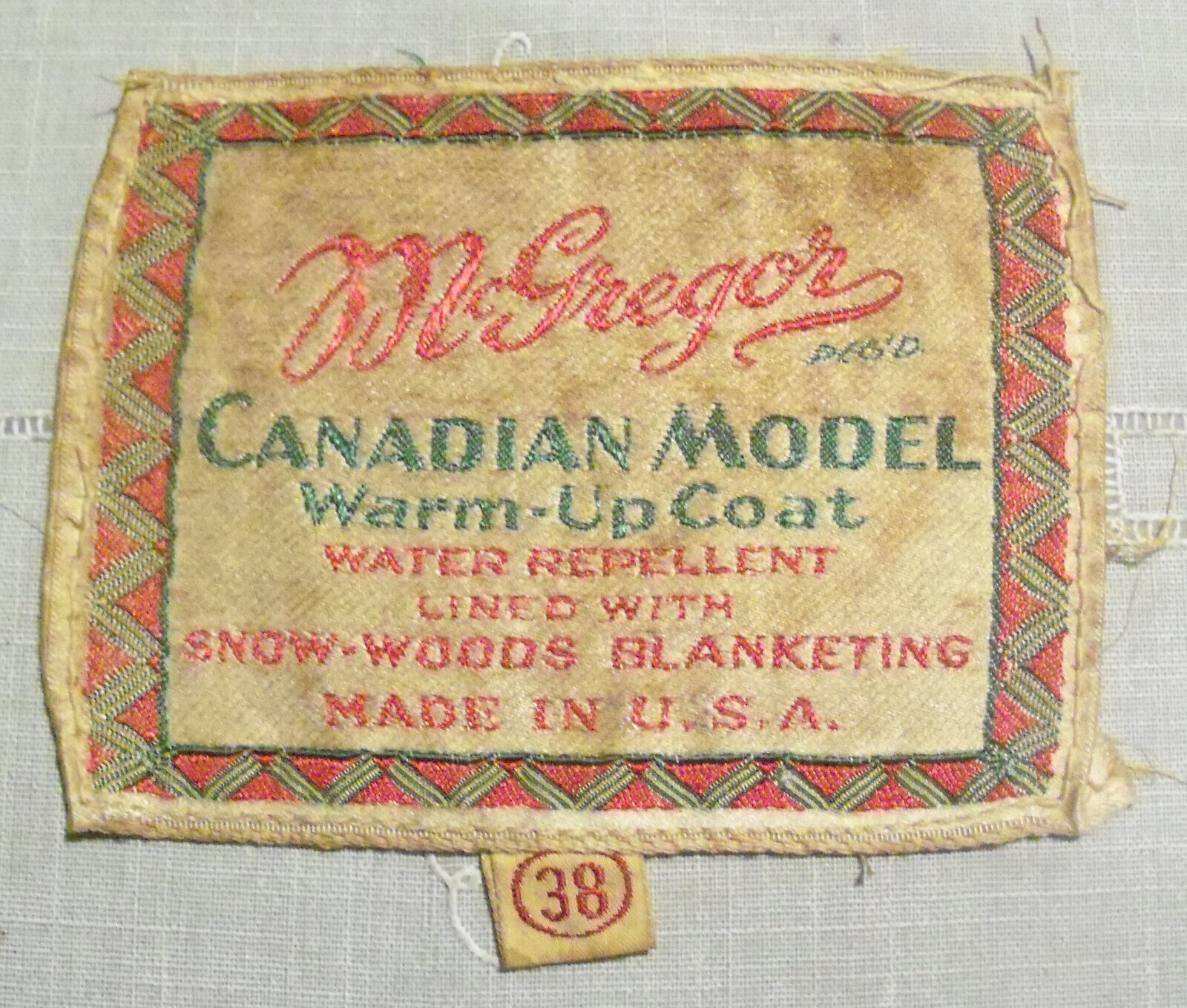 Vintage Coat Tag McGregor Canadian Model Warm-Up Coat Snow-Woods Blanketing USA