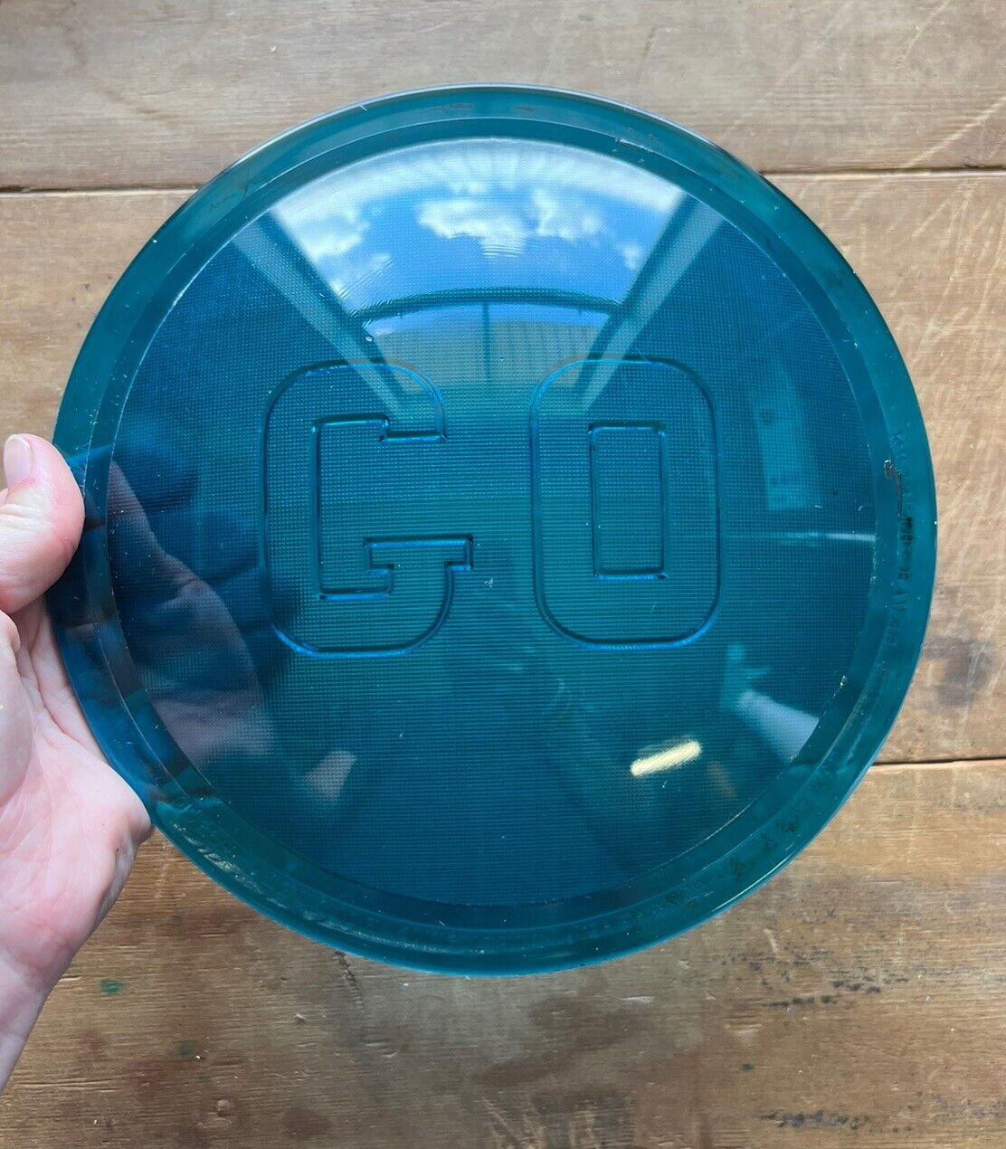 Vintage Macbeth Evans Green Traffic Signal Lens Glass “GO” 8 3/8” Excellent Cond