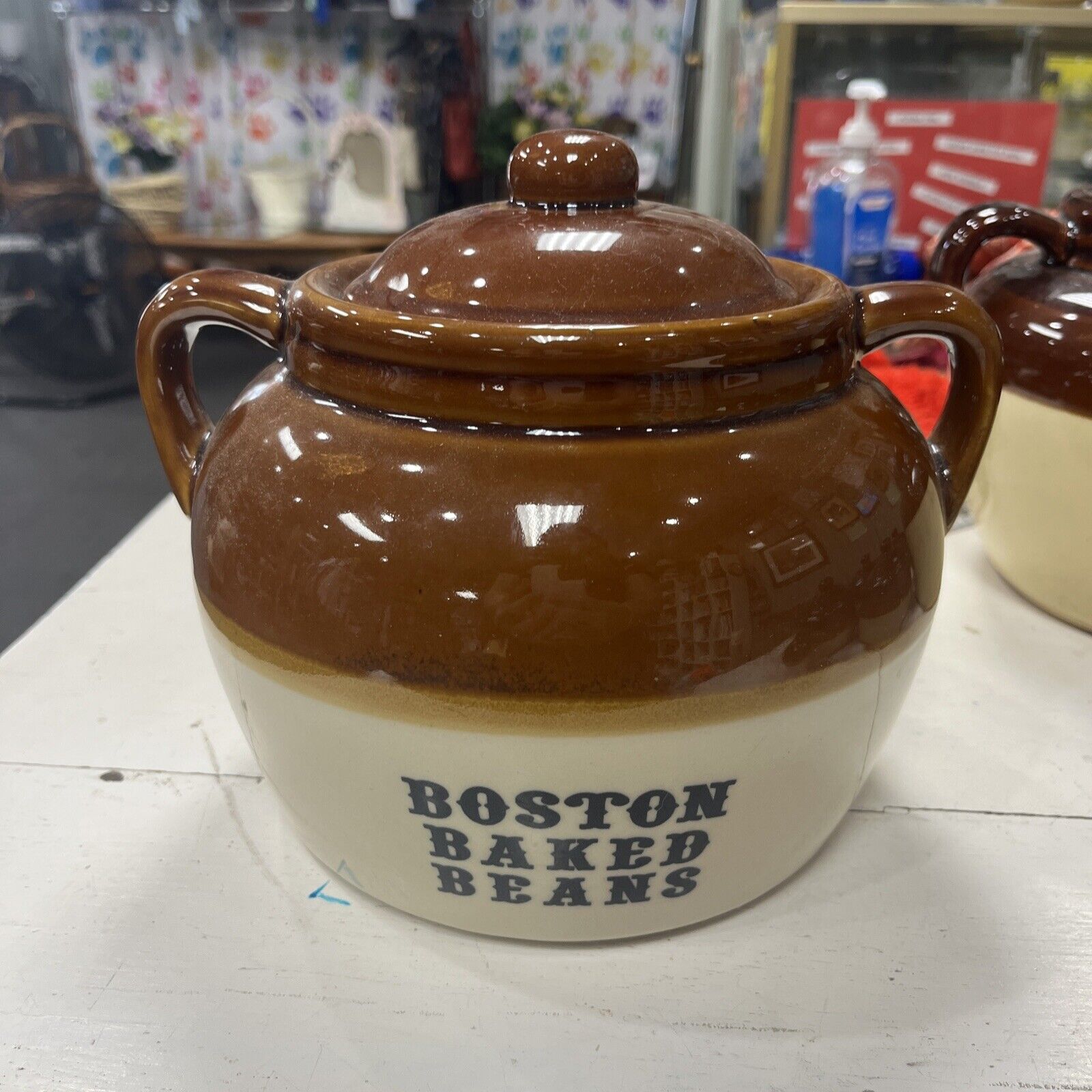 Vintage Boston Baked Beans Crock Handled Pot Brown & Tan with Lid