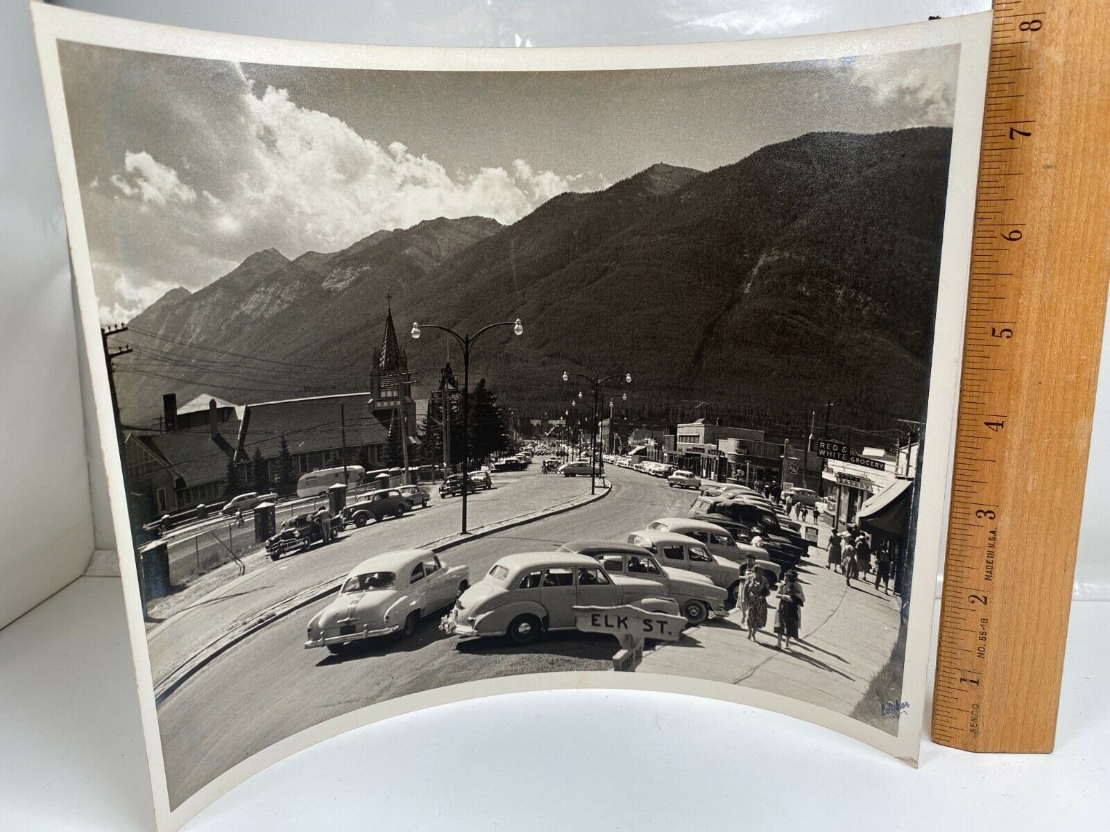 Vintage Banff Canada Avenue Downtown Cars People Church 1955 8x10 Photograph BW