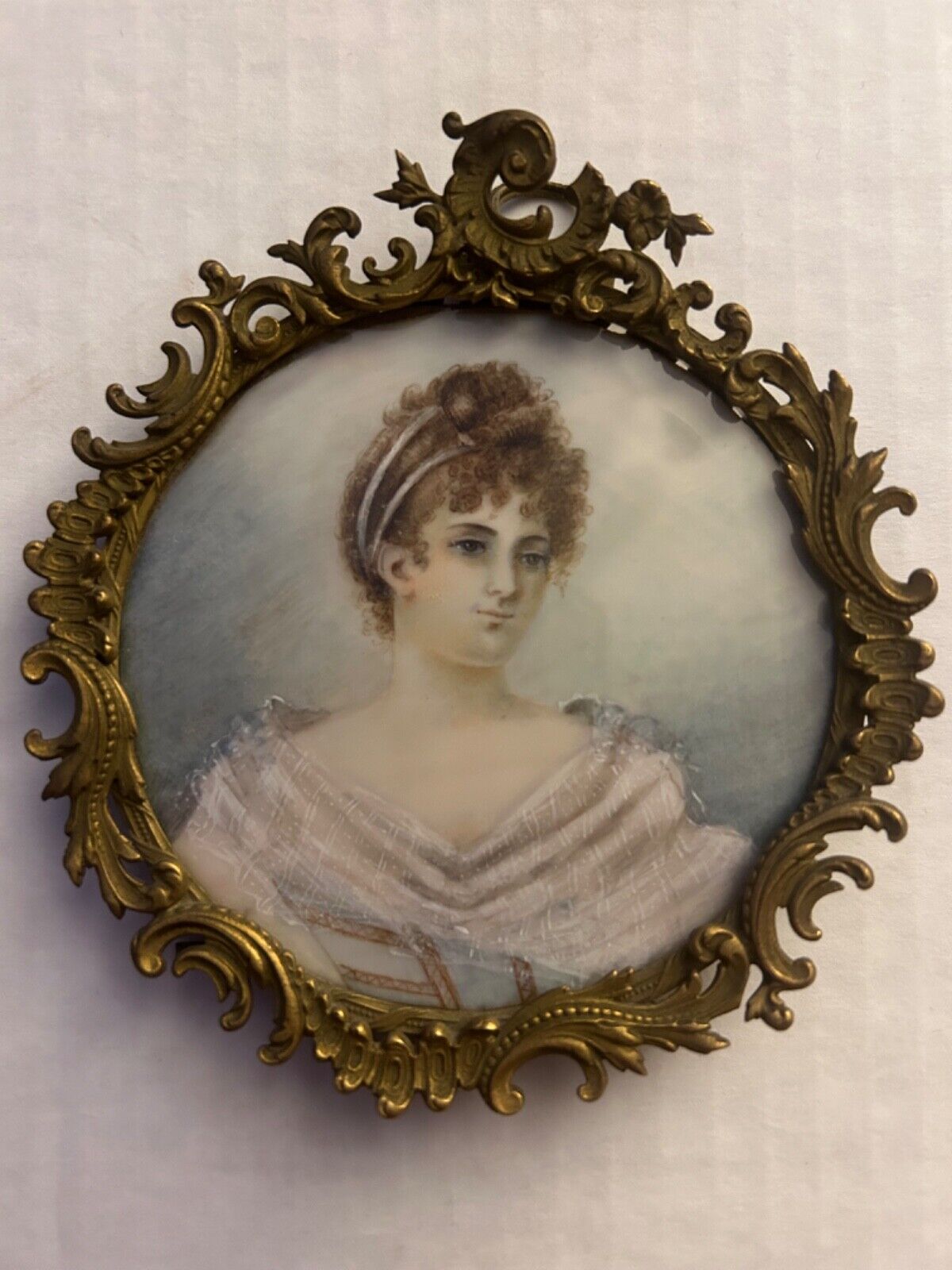 Late 19th C miniature painting with Stern Brothers bronze easel frame