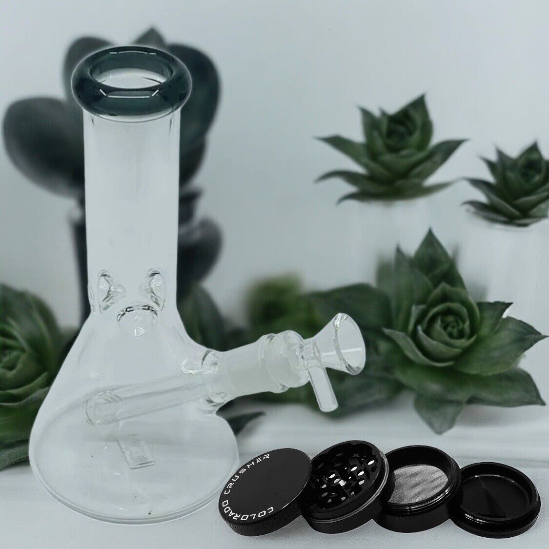 Combo pack  Beaker Bong With Ice Catcher 8” tall Waterpipe & 45mm Herb Grinder