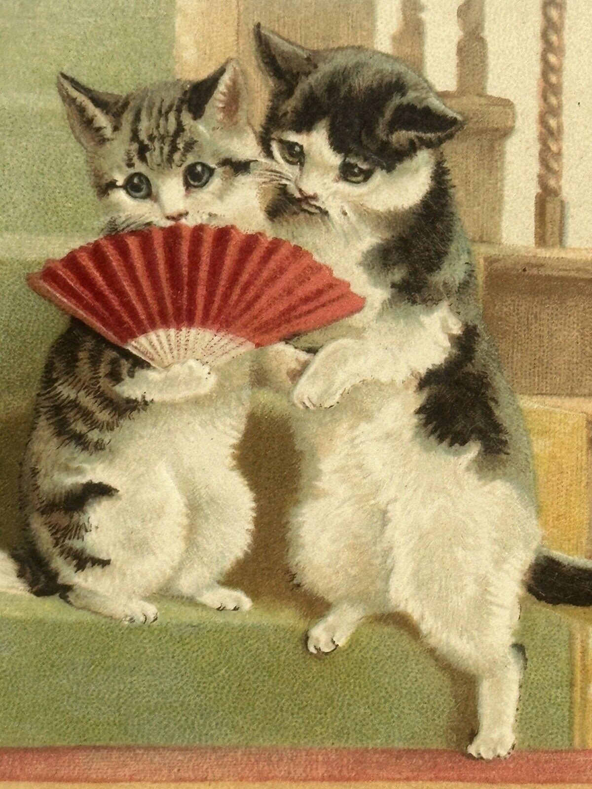 Cat Postcard Couple On Stairs With Fan Holds Paw u/s Helena Maguire