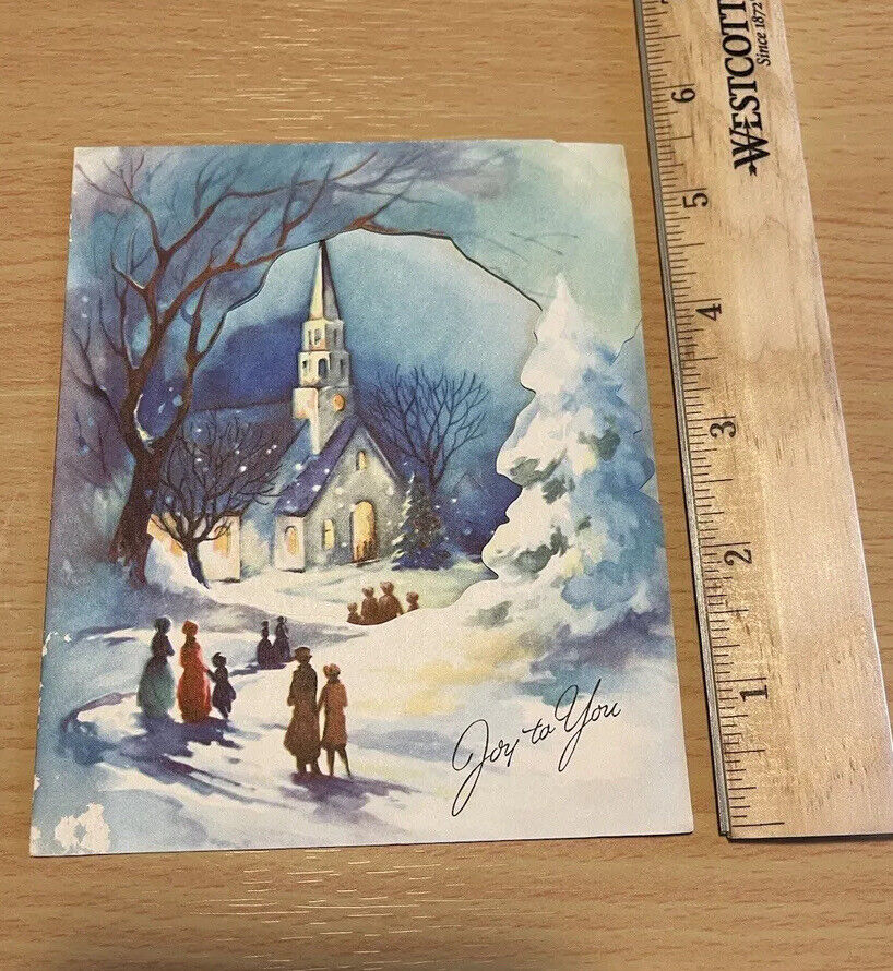 Vintage Christmas card people going to church at night snow scenery window