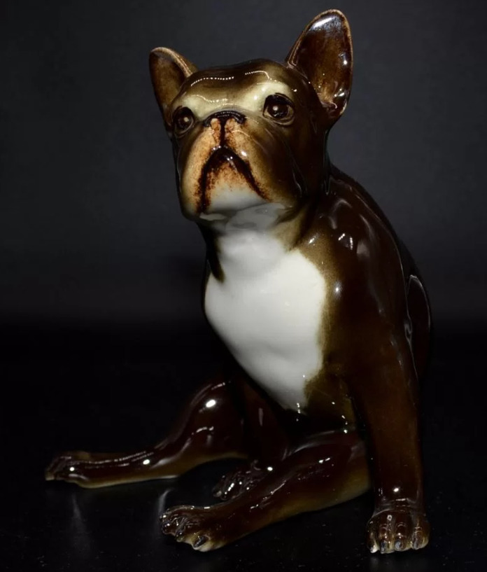 Porcelain Dog Statue Brown Sitting Bulldog Carved In Decor As A Gift Figure Rare