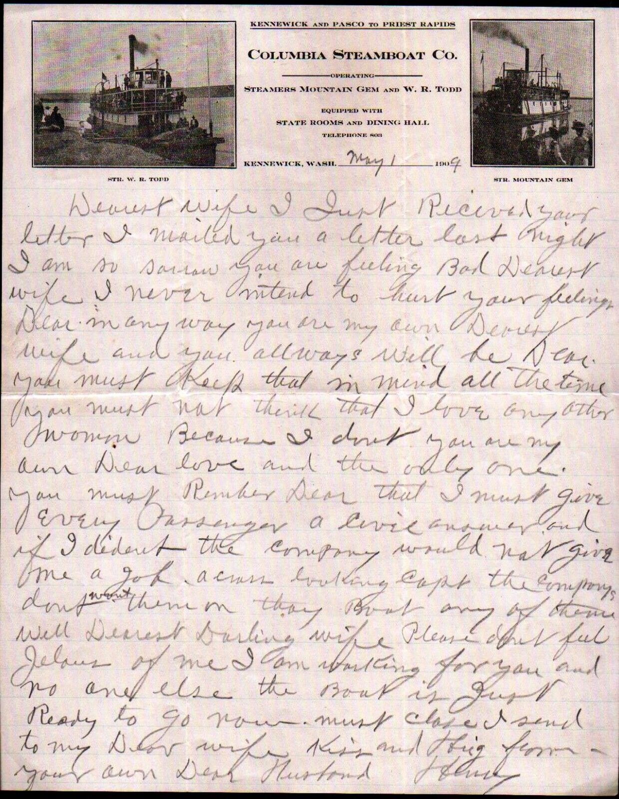 1909 Kennewick Wa - Columbia Steamboat Co - Rare Letter Head Bill