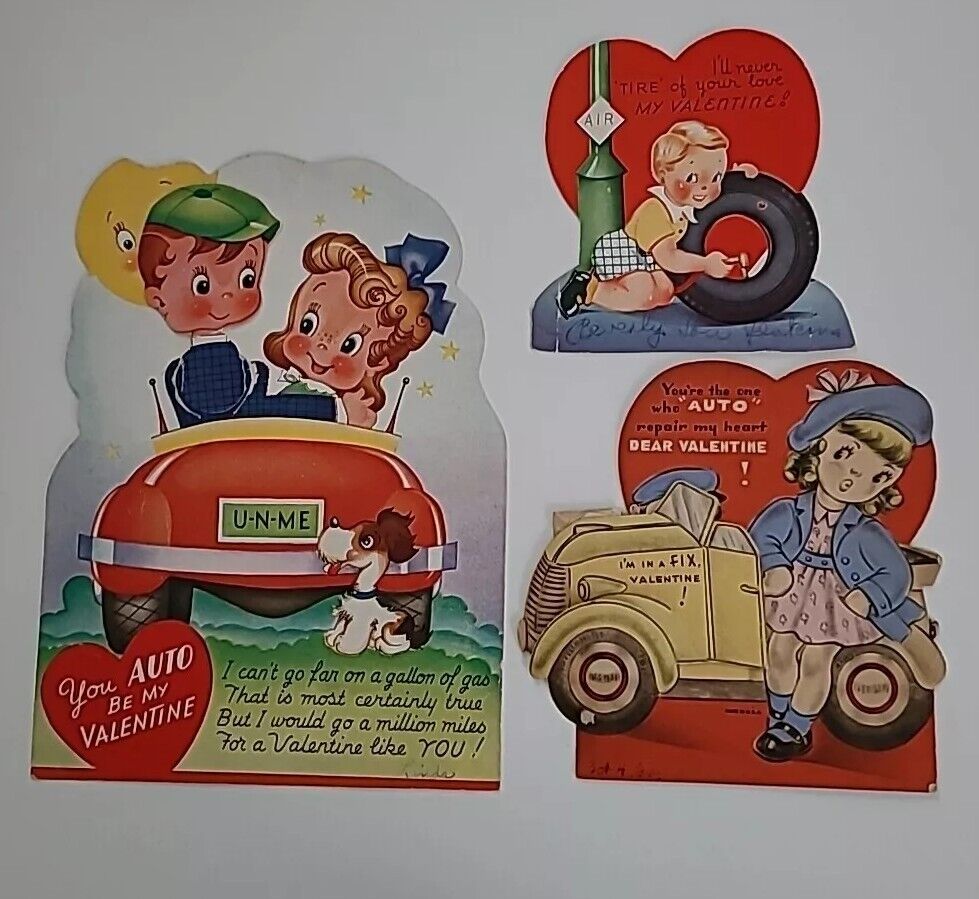 3 Vtg 40s Old CARS You AUTO Repair HEART You AUTO Be VALENTINE Never TIRE CARDS
