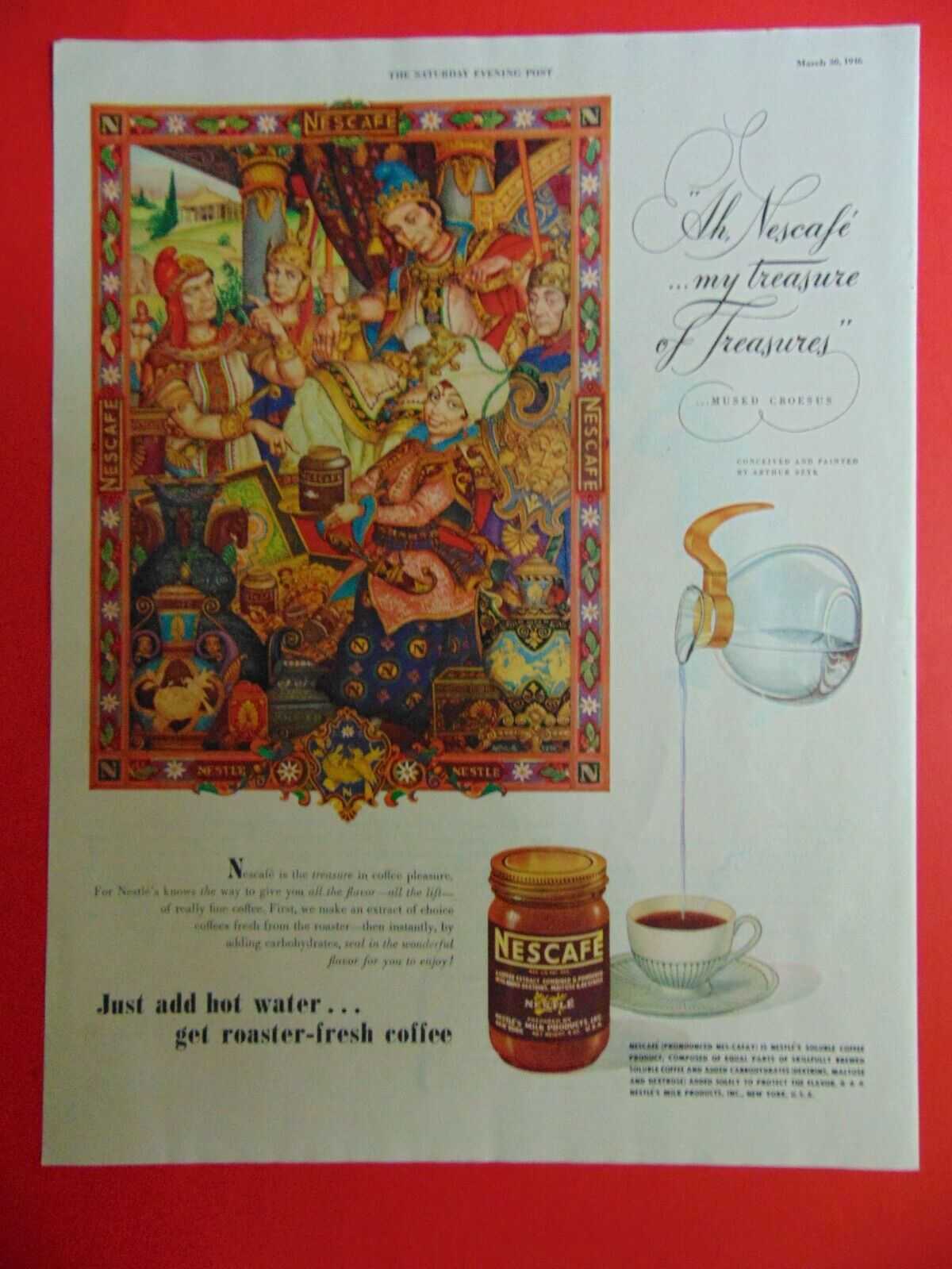 1946 NESCAFE Instant Coffee Art by Arthur SZYK vintage print ad