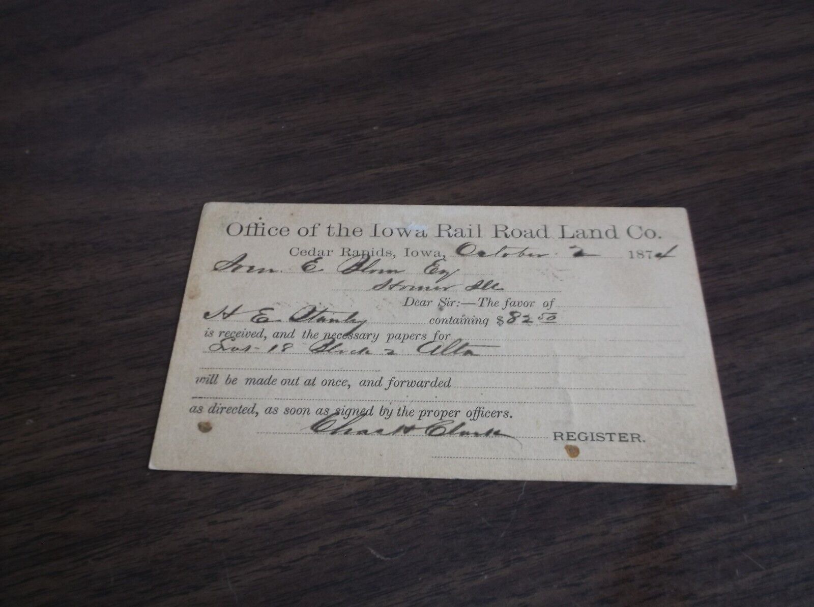 OCTOBER 1874 IOWA RAIL ROAD LAND COMPANY CEDAR RAPIDS ALTA LAND DEED POST CARD