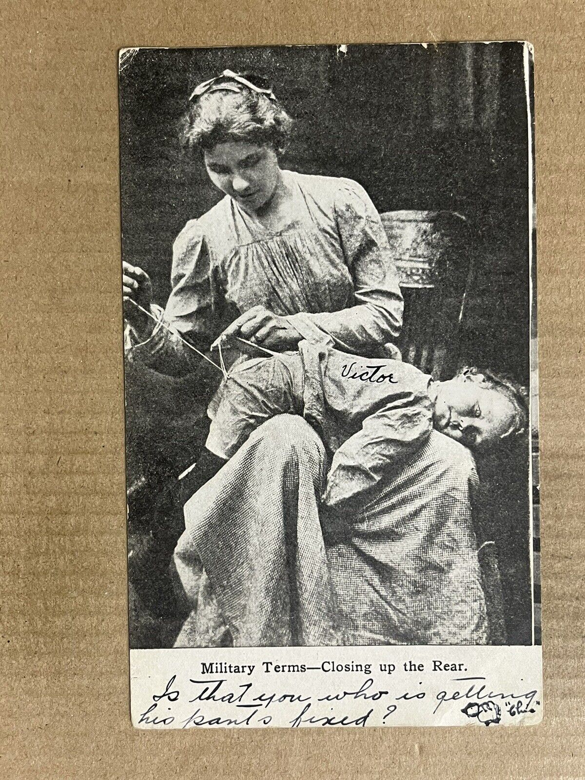 Postcard Military Humor Closing The Rear Woman Sewing 1907 Fishkill NY New York