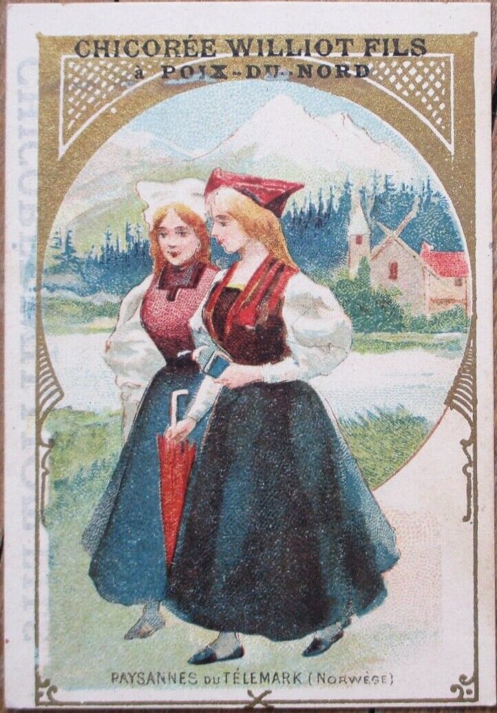 Chicoree Willot 1880s Victorian Trade Card, Telemark Norway Women, Color Litho