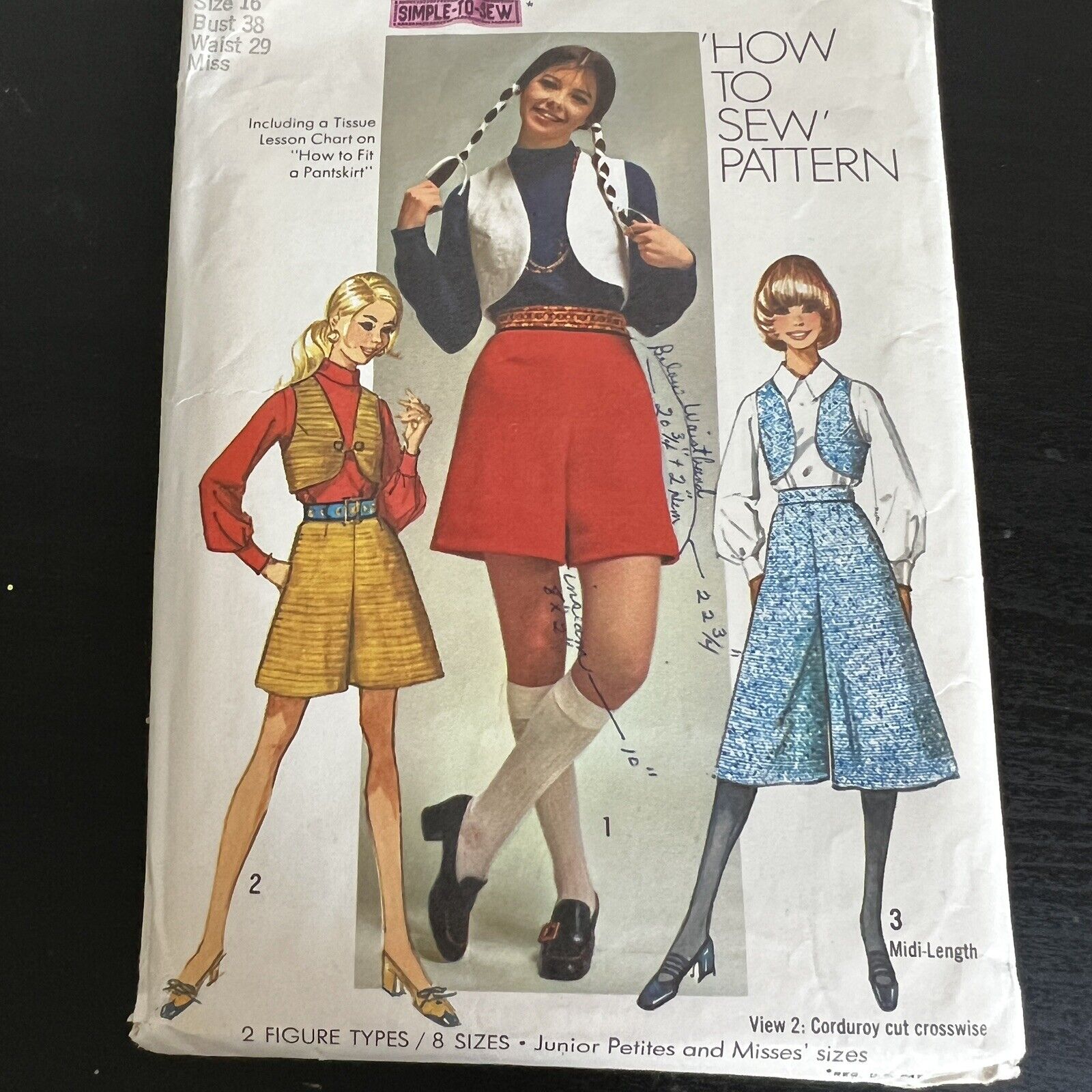 Vintage 1970s Simplicity 8921 Pantskirt In 2 Lengths Vest Sewing Pattern 16 CUT