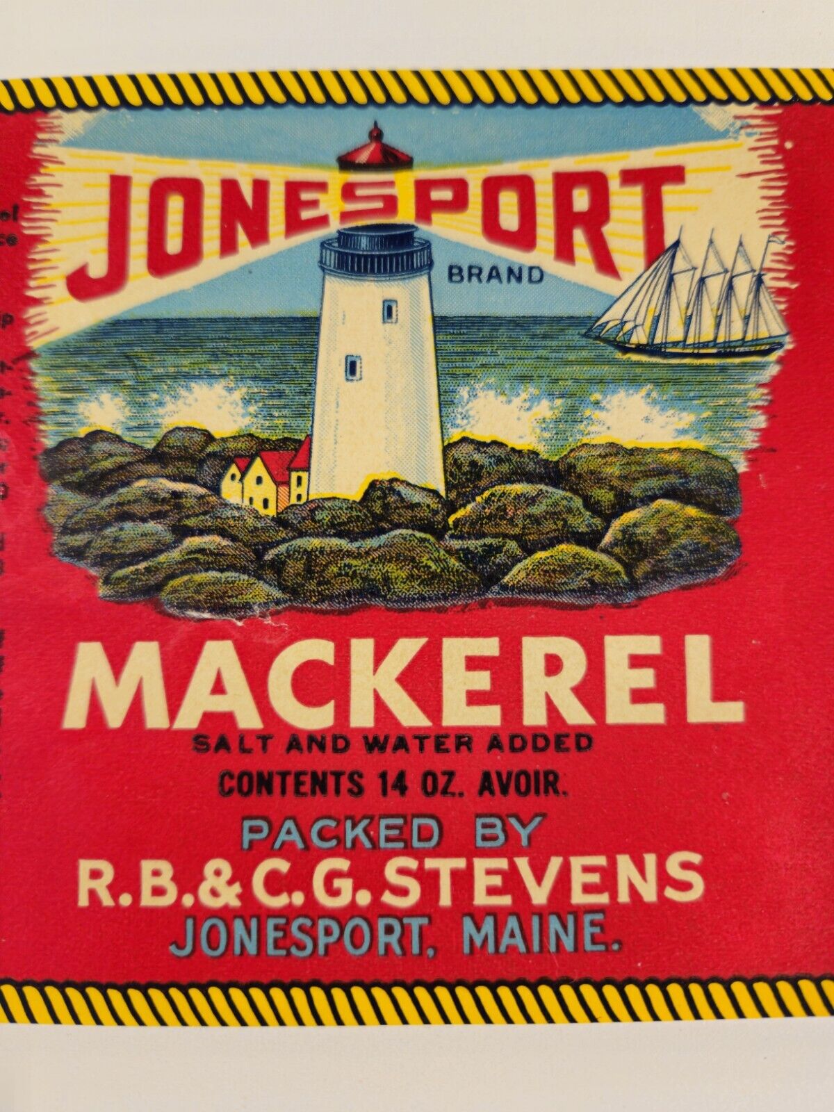 Vintage 1930\'s Jonesport MACKEREL Old Stock Seafood Can Label  Maine Lighthouse