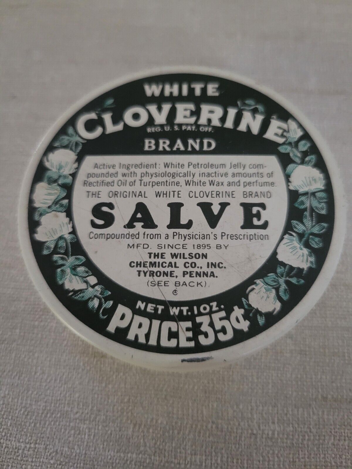 Vintage White Cloverine Brand Salve ~ 35 Cent ~ 1 oz Tin