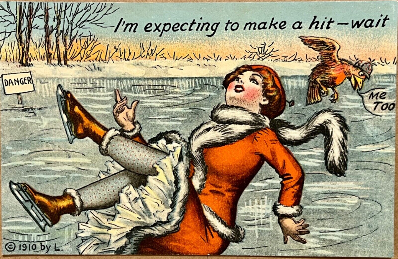 Woman Falling on Ice Skating Pond Funny Bird Vintage Comic Humor Postcard 1910