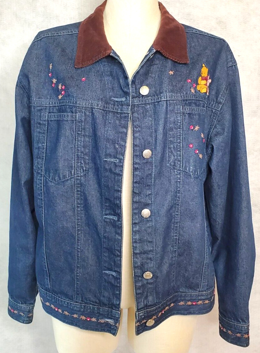 Vintage beaded Disney Store Pooh Bear denim Jacket Cord collar sz: L Fall