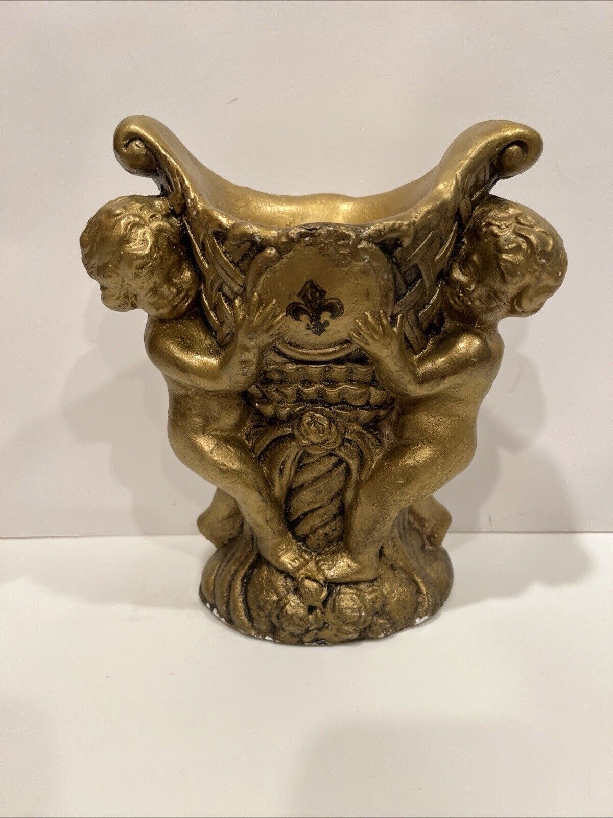 Vintage Gold Cherub Compote Ceramic Centerpiece Pedestal Hollywood Regency