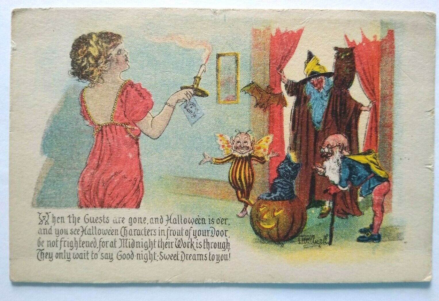 Halloween Postcard Gottschalk Series 5050 Weird Fairy Dwarf Witch Owl Fantasy