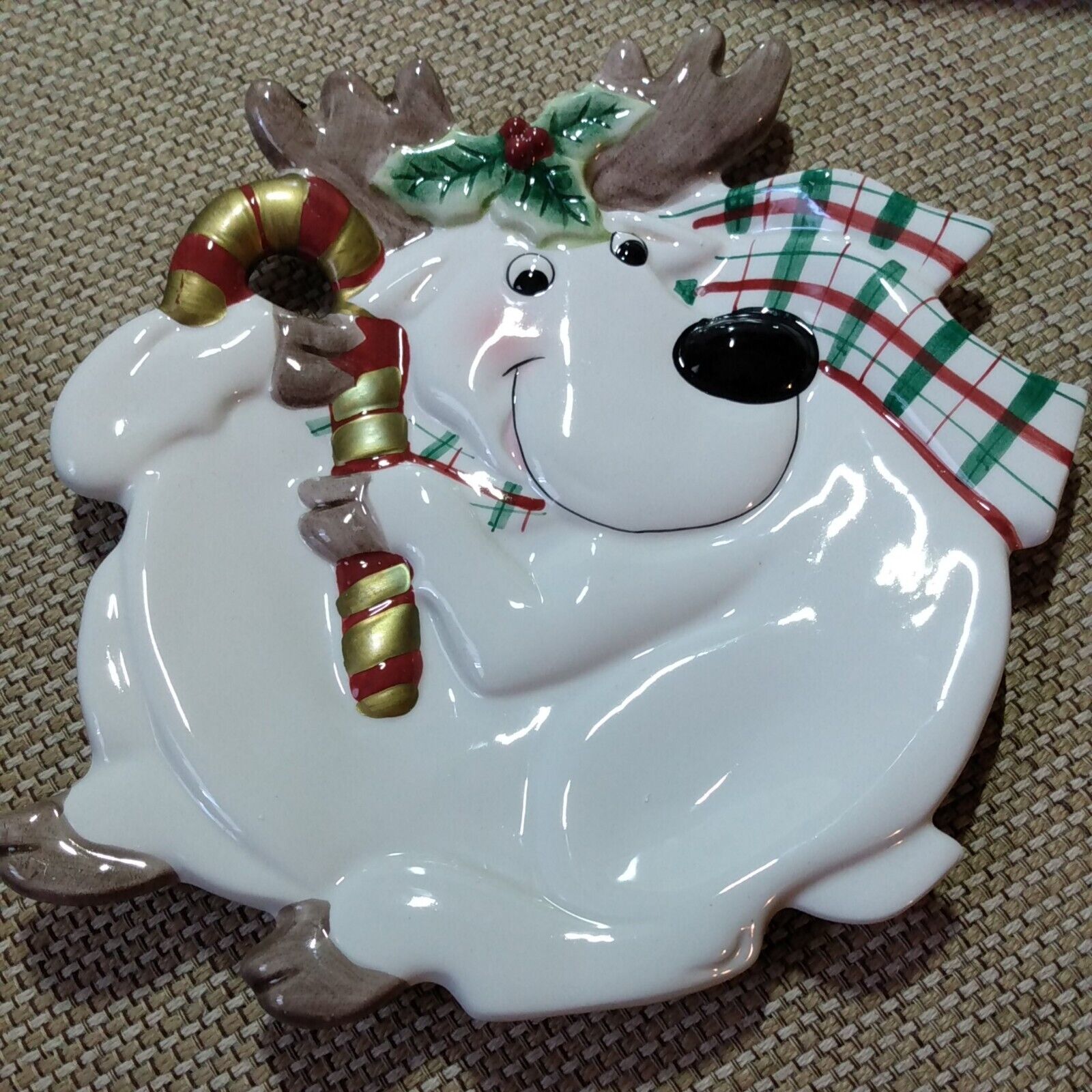 Fitz and Floyd Plaid Christmas Reindeer Canapé Plate Holiday Wall Hanger2063/124