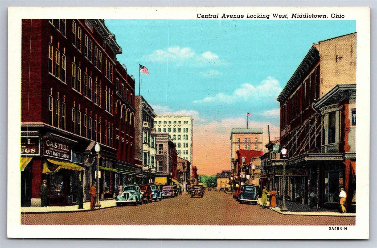 Central Ave Downtown Castell Drugs Stores Cars Middletown OH C1940s Postcard V15